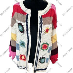 POL Small Afghan Square Multicolored Striped Open Cardigan